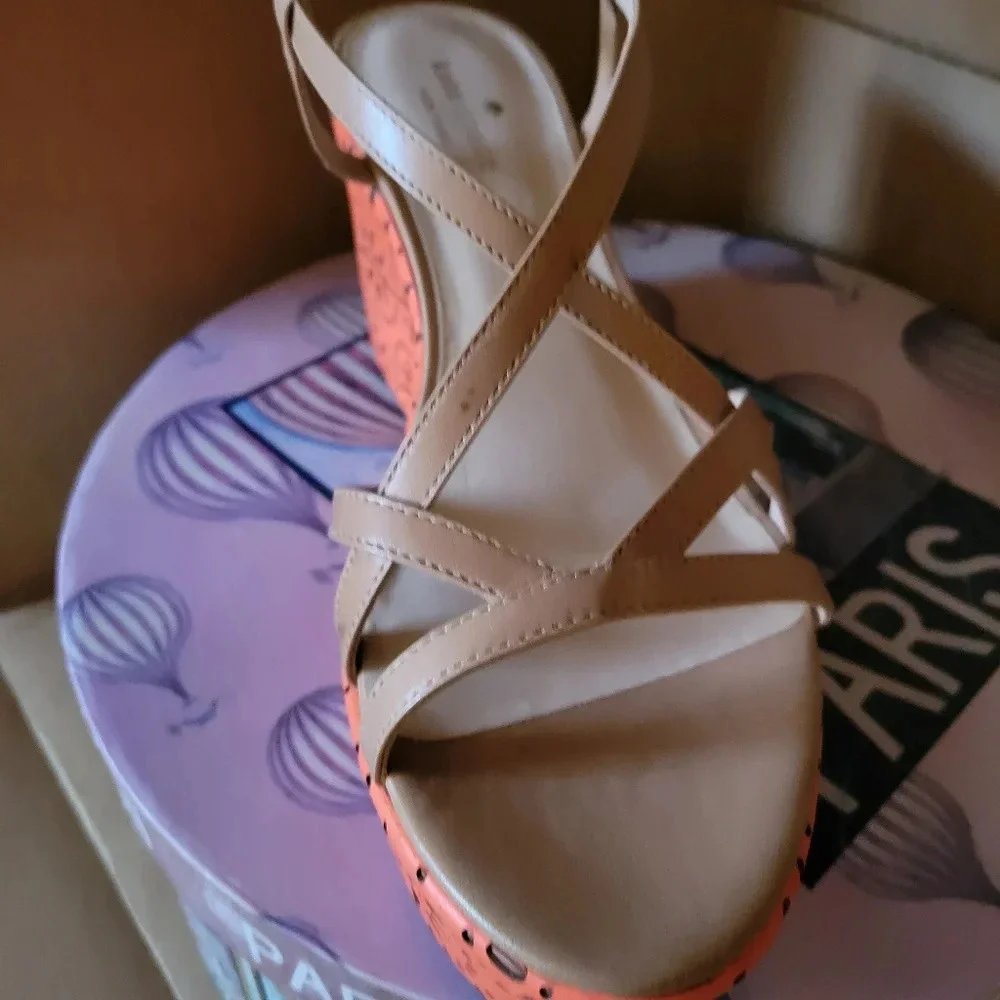 Kate Spade Wedge Sandal Heel / Tan & Orange / Size 9.5 / New In Box